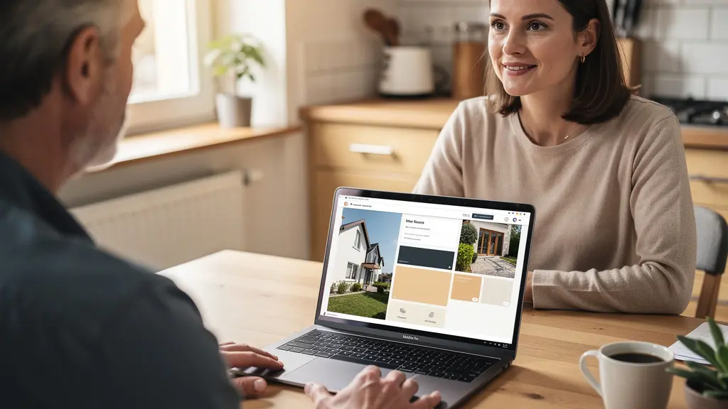 Conseillère immobilière montrant données transactions sur ordinateur à vendeur
