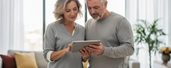 Couple consultant tablette pour comparer agents immobiliers dans salon lumineux