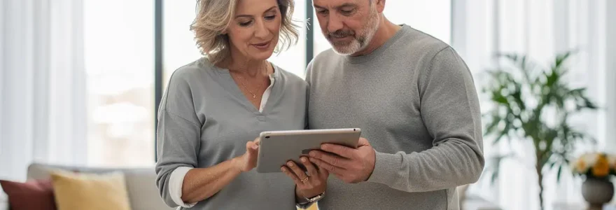 Couple consultant tablette pour comparer agents immobiliers dans salon lumineux