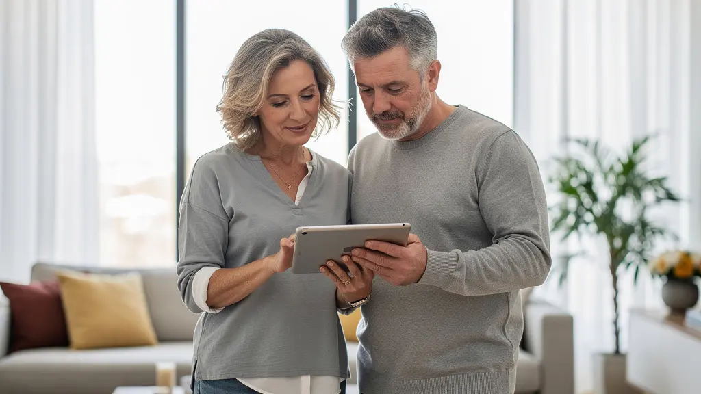 Couple consultant tablette pour comparer agents immobiliers dans salon lumineux